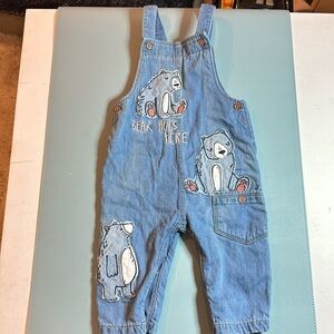 🍄6 to 9 am next boy baby bear hugs denim overalls